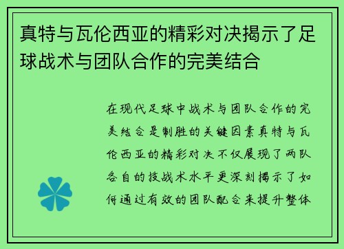 真特与瓦伦西亚的精彩对决揭示了足球战术与团队合作的完美结合